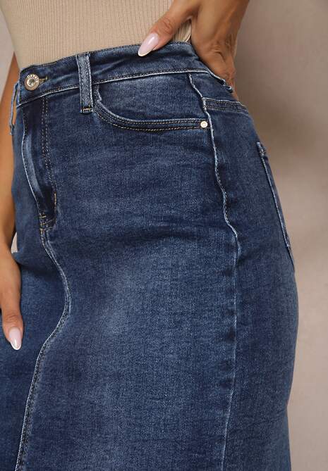 Granatowa Spódnica Jeansowa Midi z Wystrzępionym Rozcięciem Catreena