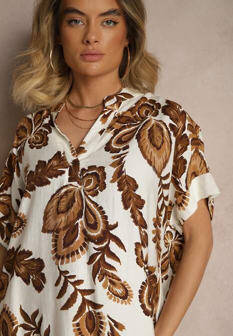 Brązowa Sukienka z Lnem i Wiskozą w Etniczne Kwiaty o Pudełkowym Kroju Natireia