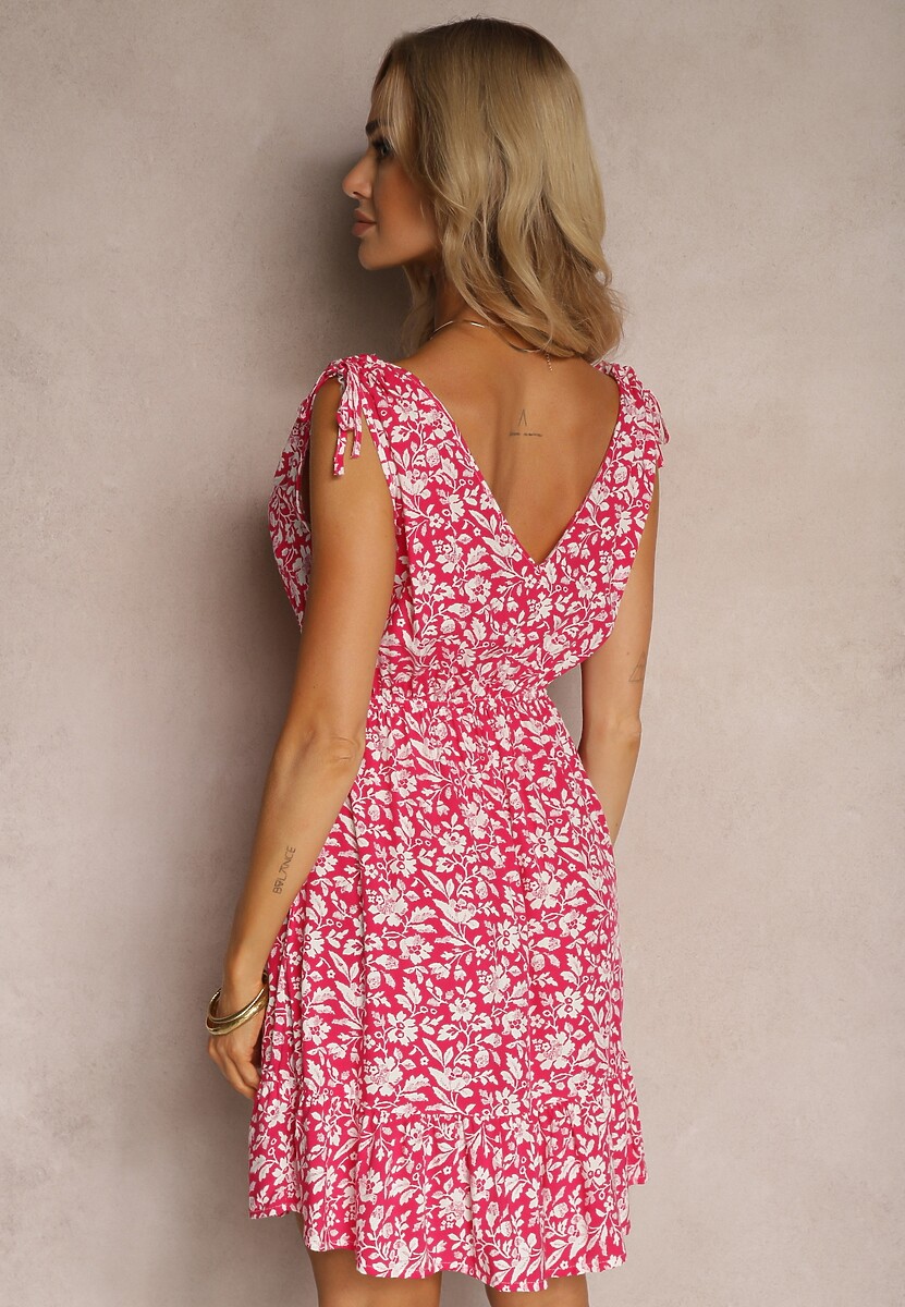 Fuksjowa Sukienka Bawełniana na Grubych Ramiączkach z Gumką w Pasie Zapinana na Guziki Tessri