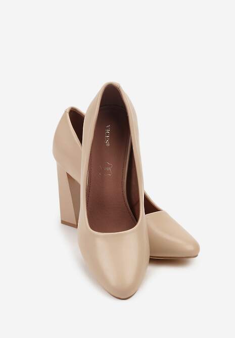 Beżowe Czółenka Vices na Słupku Klocku ze Skórzaną Wkładką  Esmela