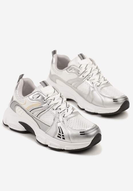 Srebrne Streetwearowe Sneakersy ze Wstawkami z Siateczki Deylisse