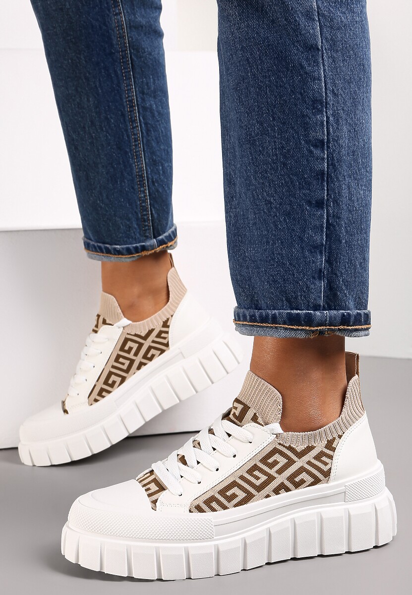 Biało-Beżowe Sneakersy na Tłoczonej Platformie z Geometrycznym Wzorem Votah