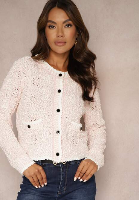 Różowy Kardigan Rozpinany z Wiskozą i Imitacją Kieszeni Lialisa