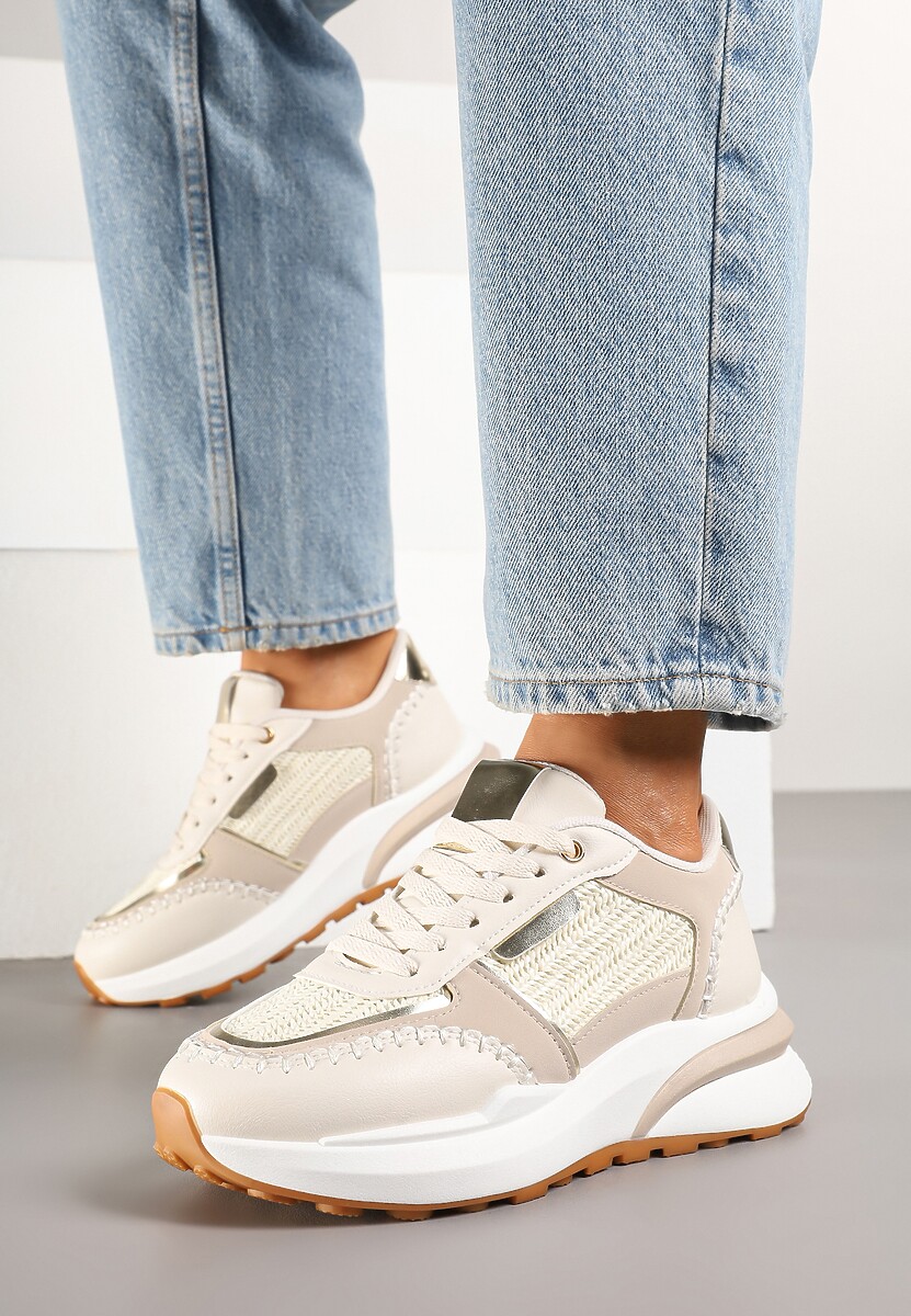 Beżowe Sneakersy na Platformie ze Wstawkami z Plecionki Ninatia