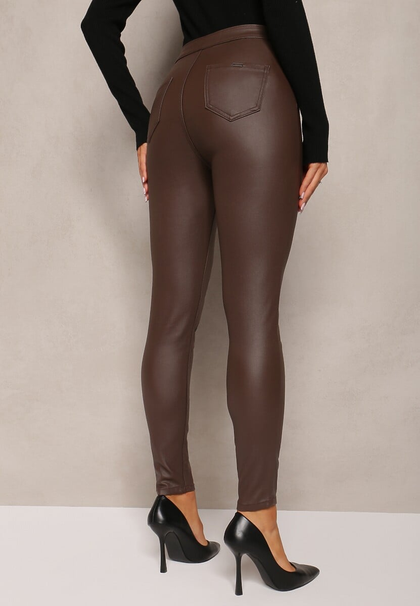 Brązowe Spodnie z Ekoskóry o Fasonie Skinny Sonowa