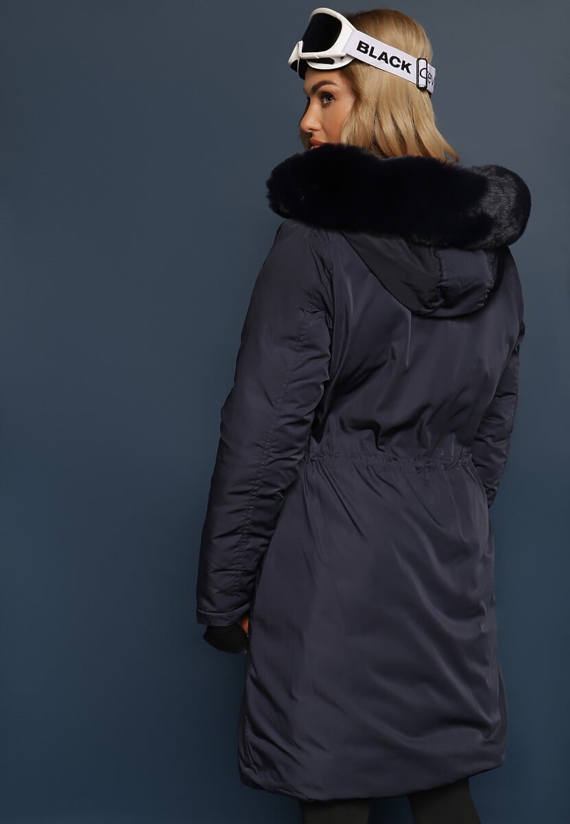 Granatowa Długa Kurtka Płaszcz o Dwustronnym Fasonie z Kapturem Astrae