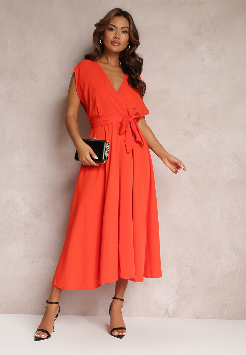 Pomarańczowa Rozkloszowana Sukienka Maxi z Kopertowym Dekoltem i Wiązanym Paskiem Hallona