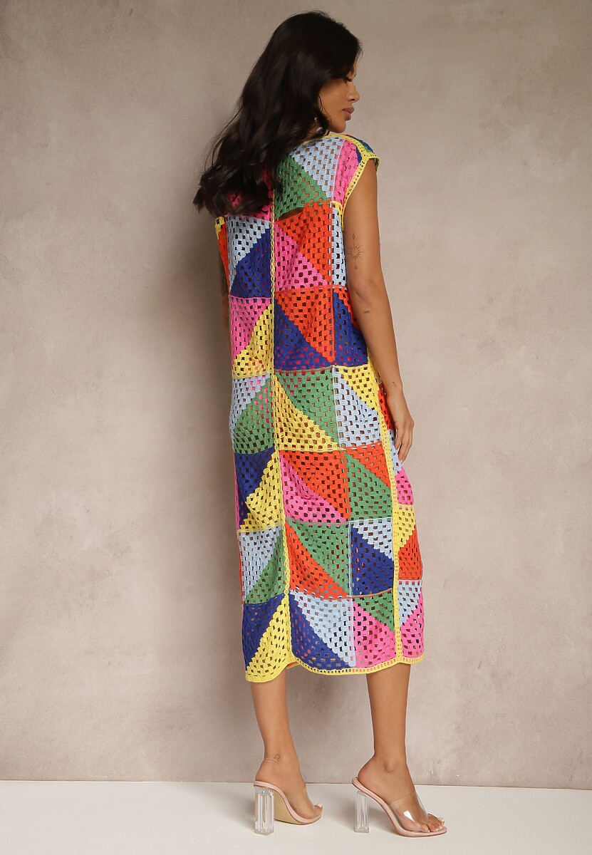 Różowo-Żółta Pudełkowa Ażurowa Sukienka z Bawełny w Geometryczny Wzór Tilianela