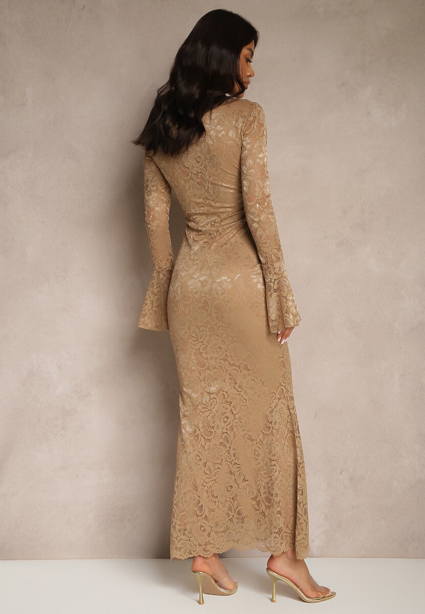 Beżowa Dopasowana Sukienka Zdobiona Koronką z Rozszerzanym Dołem Hannalis