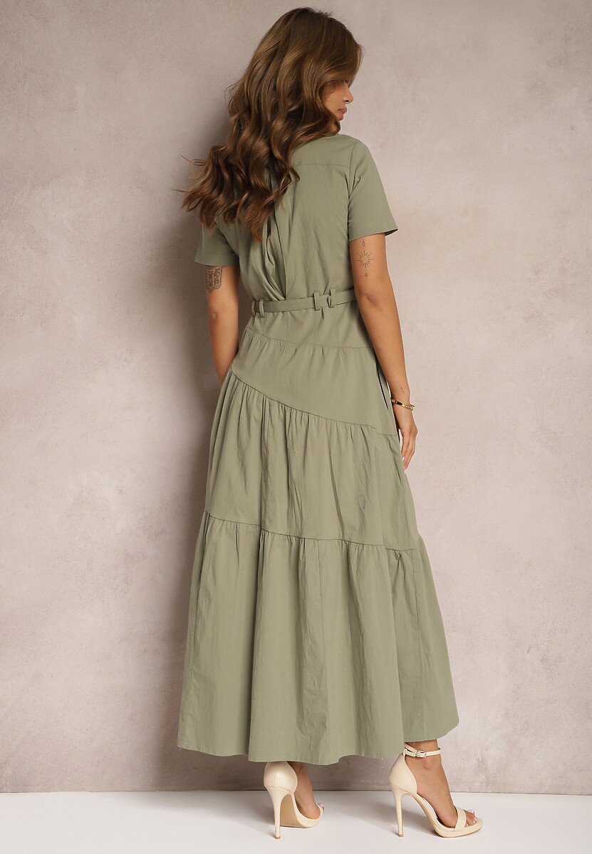 Zielona Bawełniana Sukienka o Rozkloszowana Zwężana w Talii Nenefia