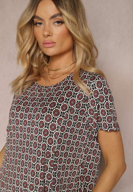 Czarno-Bordowa Rozkloszowana Sukienka w Ornamentalny Wzór z Wiskozy Oflia