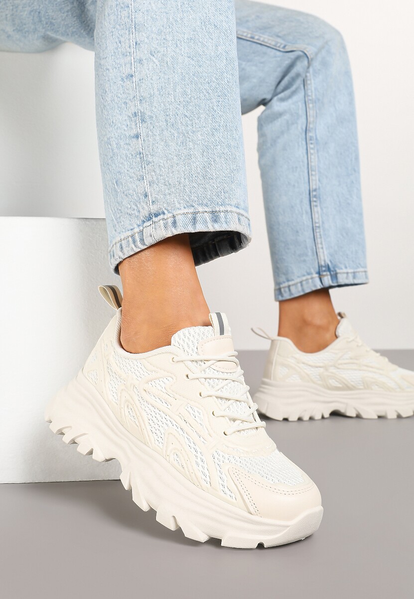Beżowe Sneakersy z Siateczką i Tłoczeniem na Podeszwie Tulidi