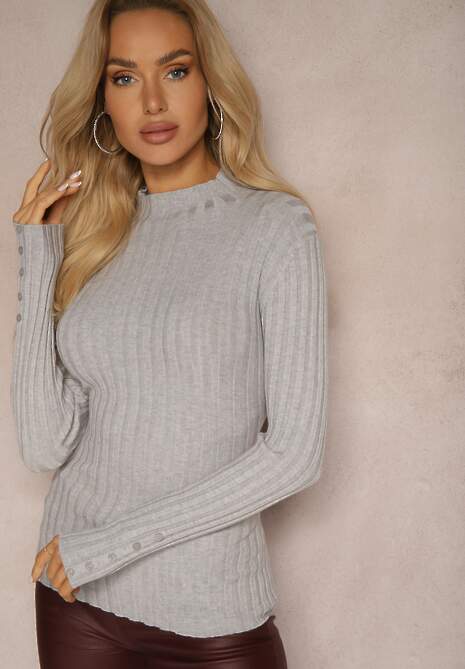 Szary Półgolf Sweter Prążkowany z Bawełną Wiskozą i Guzikami Tiathena