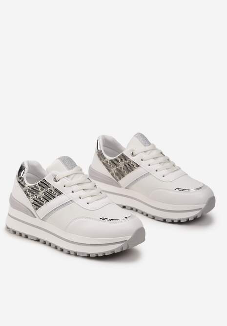 Białe Sneakersy z Materiałowymi Wstawkami na Grubej Podeszwie Ozdobione Brokatem Zirnna
