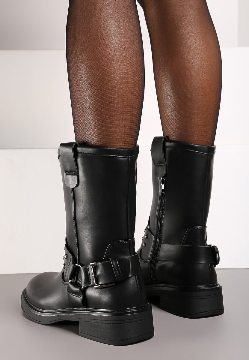 Czarne Motocyklowe Botki na Płaskiej Podeszwie Patina