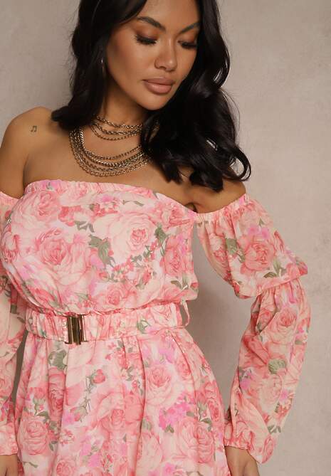 Jasnoróżowa Sukienka Hiszpanka z Wiskozy w Kwiaty z Paskiem i Falbanami Zelmoi