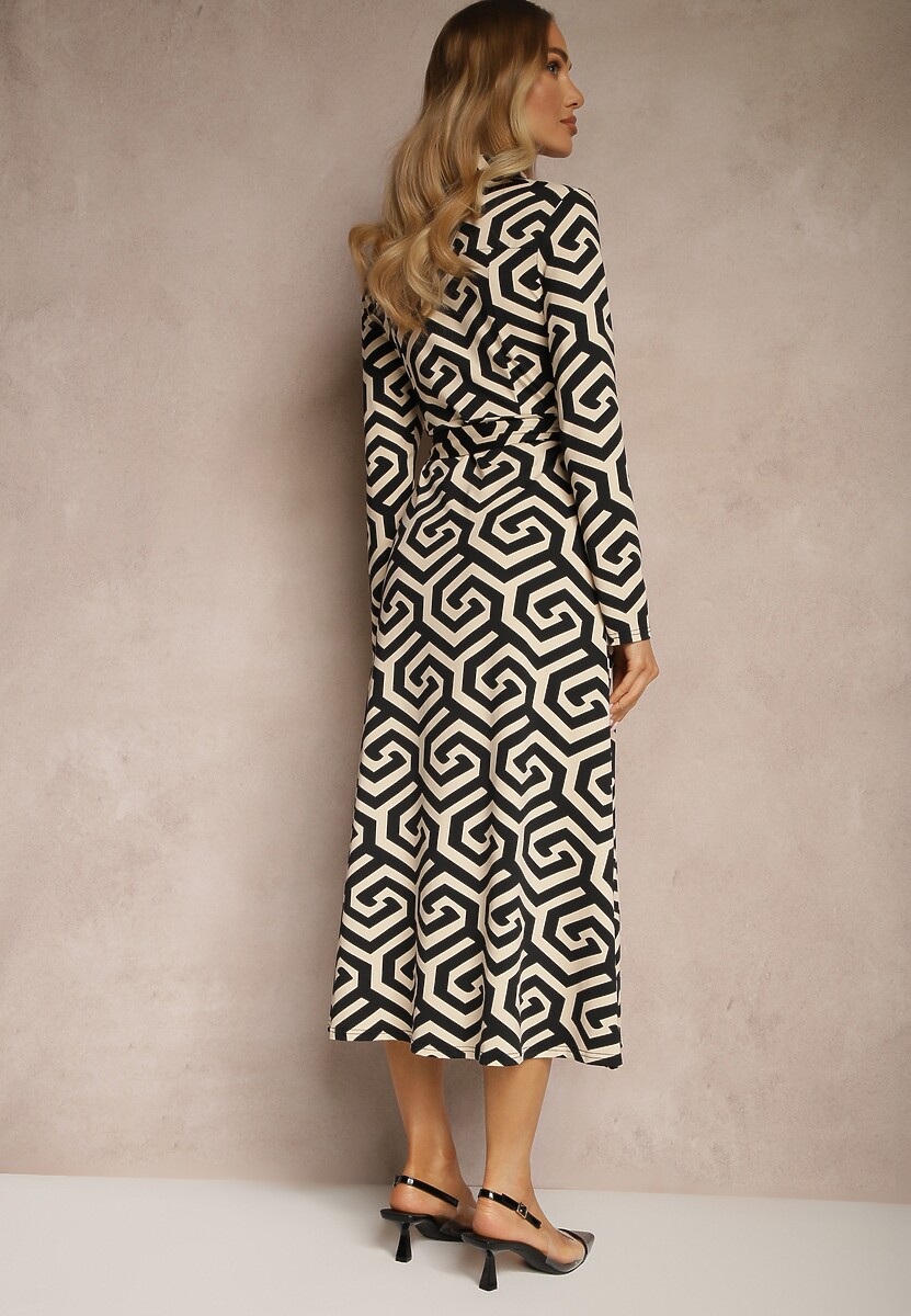Czarna Sukienka Koszulowa z Wiskozą w Geometryczny Wzór z Paskiem Erisviria