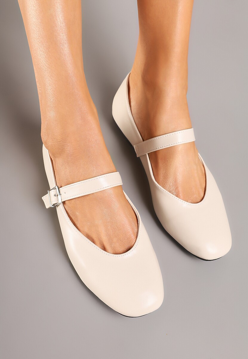 Beżowe Casualowe Balerinki z Paskiem ze Sprzączką Asideria