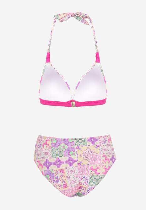 Fuksjowo-Beżowe Bikini w Mozaikowy Wzór z Biżuteryjną Klamerką Vextella