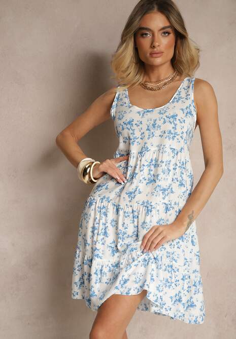 Biało-Niebieska Bawełniana Sukienka o Rozkloszowanym Kroju w Kwiaty Anniliane