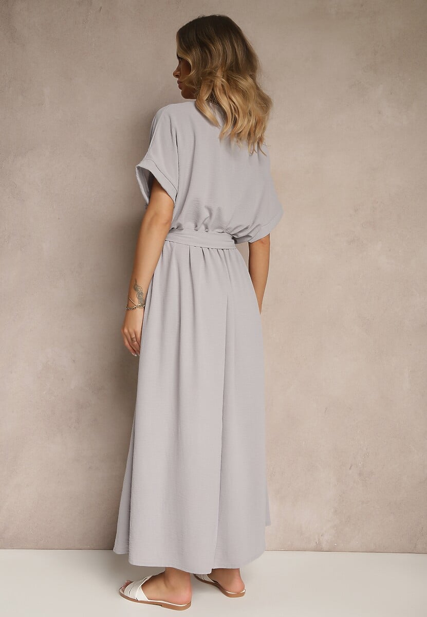 Szara Rozkloszowana Sukienka z Bawełną i Paskiem Lunapinia