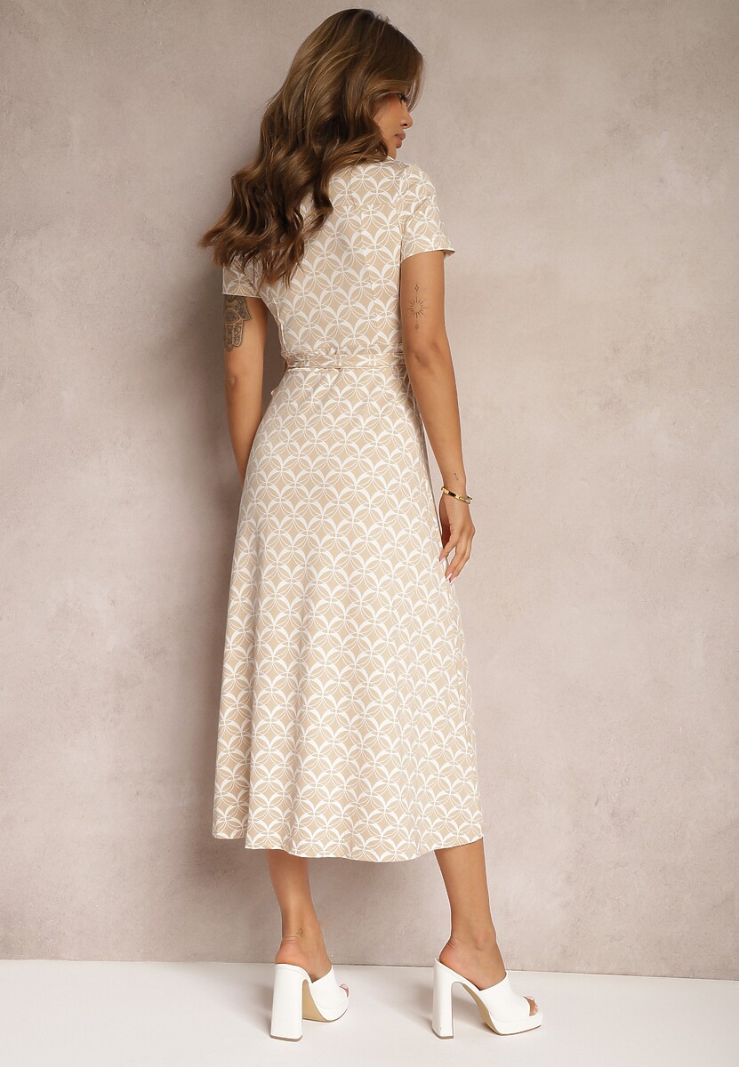 Beżowa Taliowana Sukienka z Wiskozą o Kroju Koszulowym z Guzikami i Paskiem Cosofia