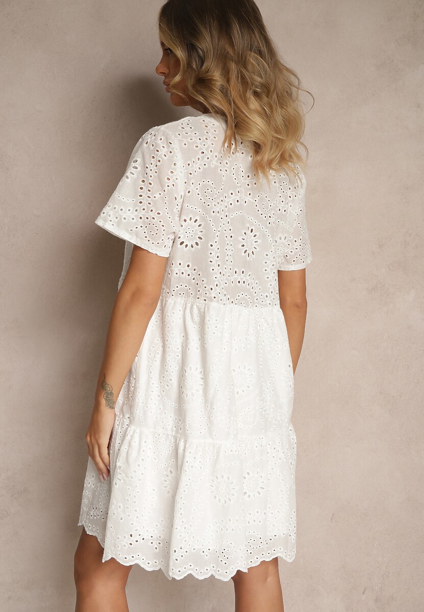 Biała Ażurowa Sukienka z Bawełny z Haftami Lumivienne