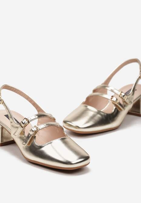 Złote Czółenka na Niskim Słupku ze Sprzączkami i Noskiem w Kwadrat Seraphela