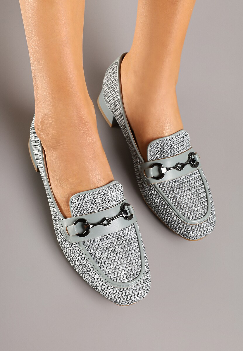 Szare Mokasyny z Wkładką ze Skóry Naturalnej Zdobione Plecionką i Aplikacją Falenitia