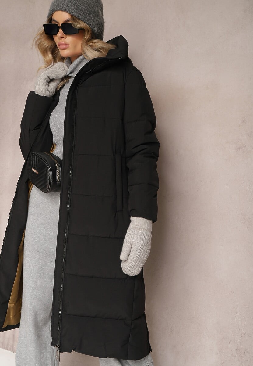 Czarna Długa Kurtka Płaszcz z Pikowaniem oraz Kapturem Madirre
