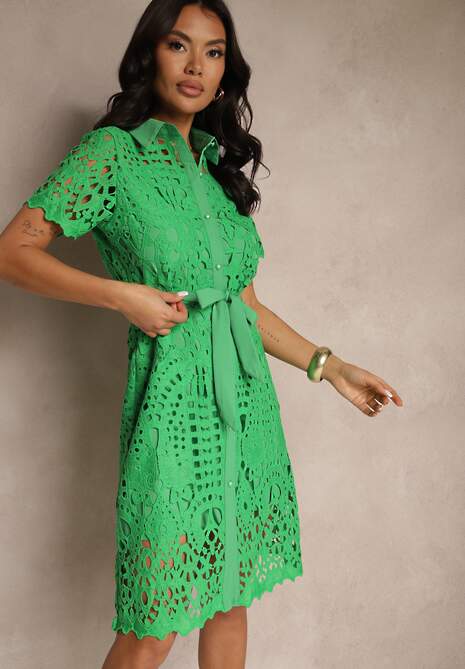 Zielona Koszulowa Sukienka Midi z Ażurowym Zdobieniem Tatrasi