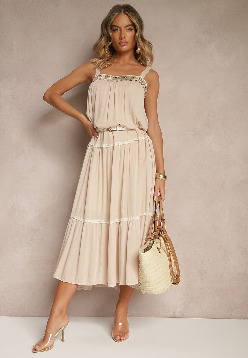 Biała Rozkloszowana Sukienka z Wiskozy z Metalicznymi Aplikacjami Sevinda