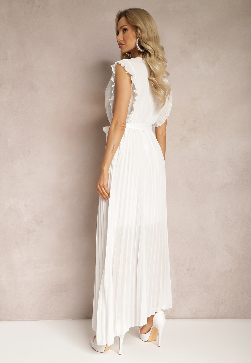 Biała Wiskozowa Sukienka Maxi z Plisowaniem o Rozkloszowanym Kroju i Kopertowym Dekolcie Fliceris