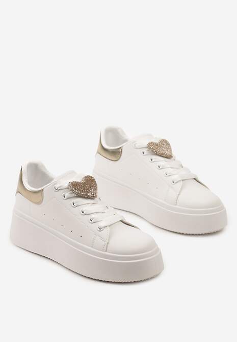 Biało-Złote Wiązane Casualowe Sneakersy na Platformie z Cyrkoniami i Metalową Aplikacją Illita