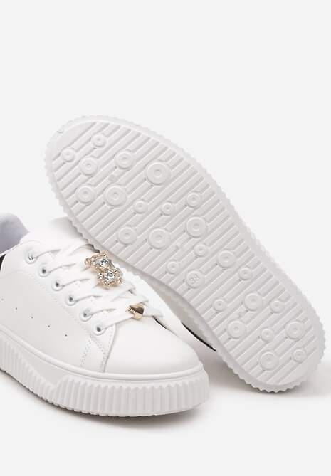 Biało-Czarne Sneakersy na Niskiej Platformie ze Wstawką z Ekozamszu i Złotym Misiem Nleona