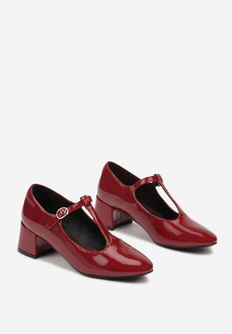 Bordowe Czółenka Lakierowane na Słupku Wykończone Sprzączką Velarise