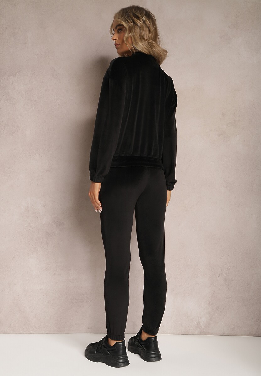 Czarny Komplet Dresowy z Weluru ze Ściągaczami i Bluzą z Kapturem Rerafina