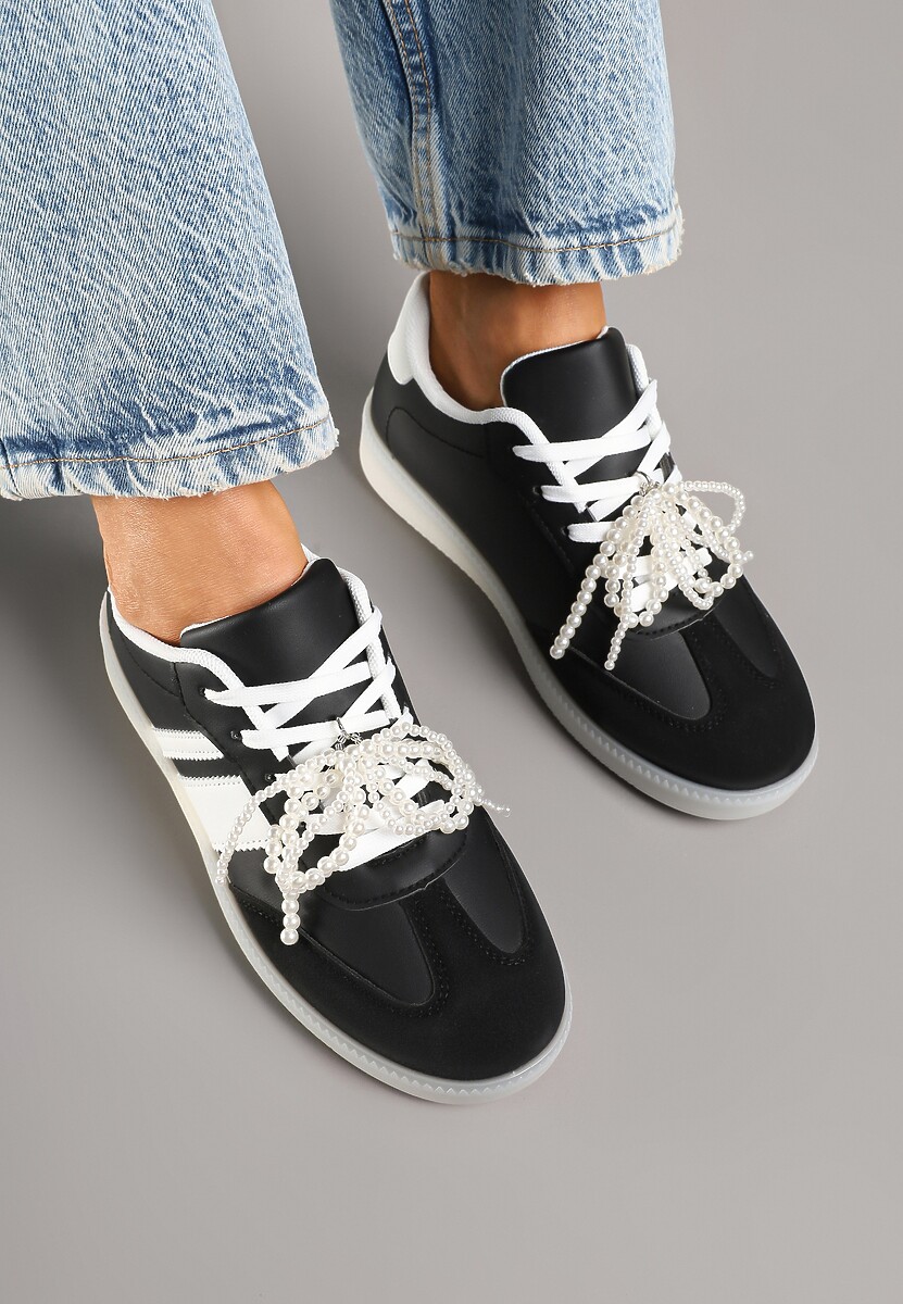 Czarne Sneakersy Typu Kultowe Tenisówki ze Zdobieniem z Perłami Nalavia