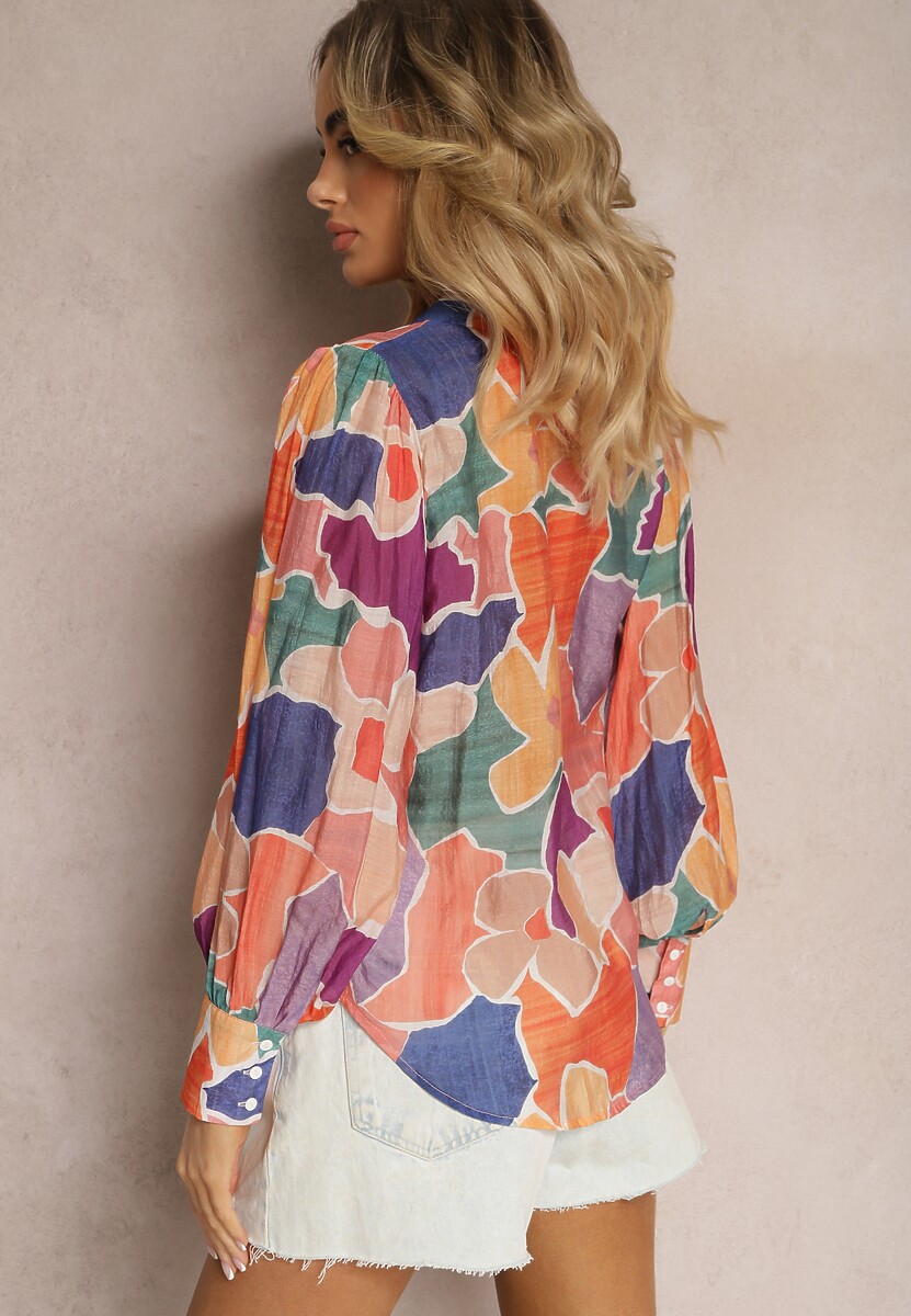 Pomarańczowo-Granatowa Koszula z Długim Rękawem i Szerokimi Mankietami Zapinana na Guziki Comenna