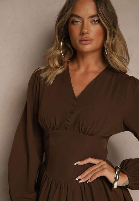 Brązowa Gorsetowa Sukienka z Wiskozą z Guzikami i Bufiastymi Rękawami Ahlite