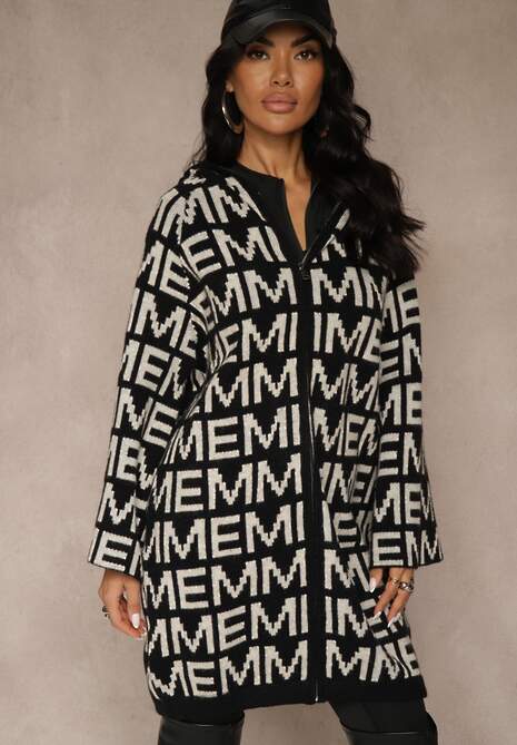 Czarno-Biały Kardigan na Suwak z Kapturem w Literowy Wzór Calitusa