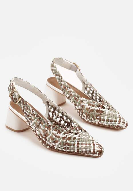 Brązowo-Białe Sandały na Słupku Slingback Ozdobione Plecioną Cholewką Linaiana