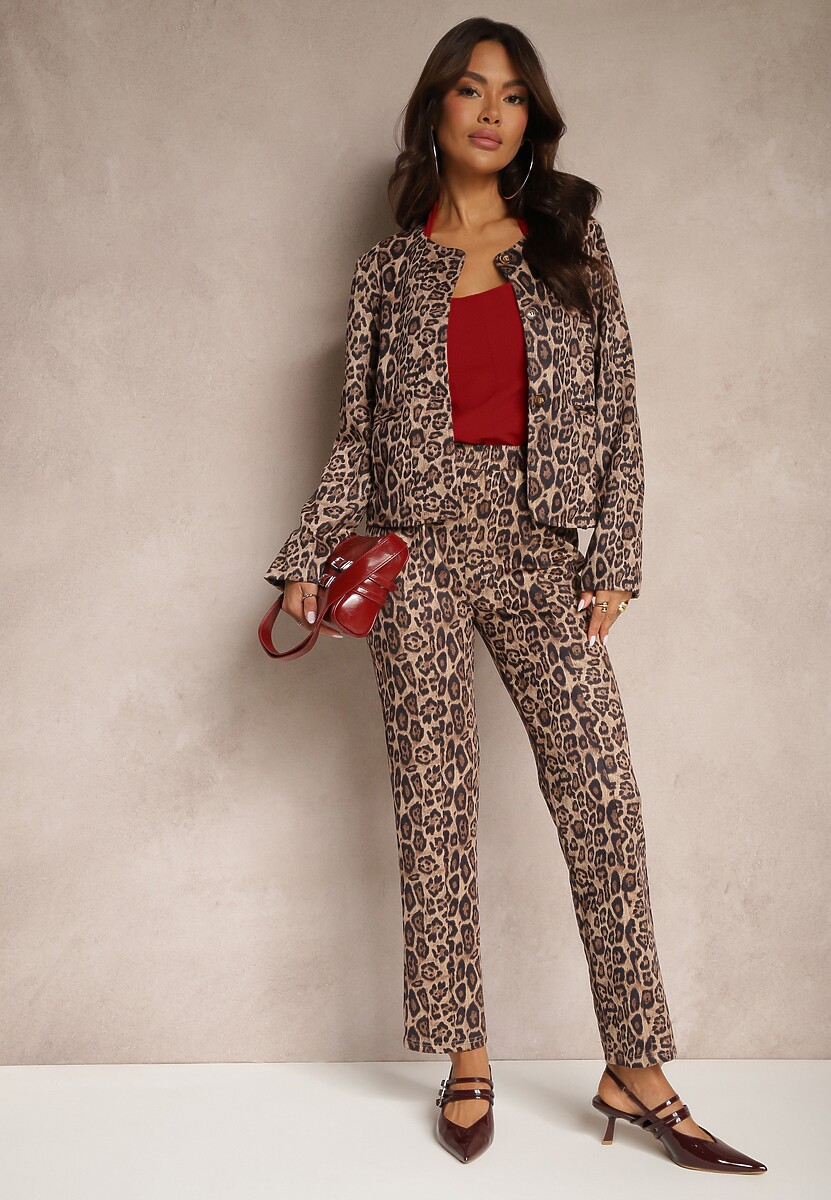 Beżowa Marynarka Ozdobiona Panterkowym Printem Enavel