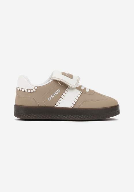 Ciemnobeżowe Sneakersy na Platformie z Kontrastującymi Detalami i Wywiniętym Językiem Amirila