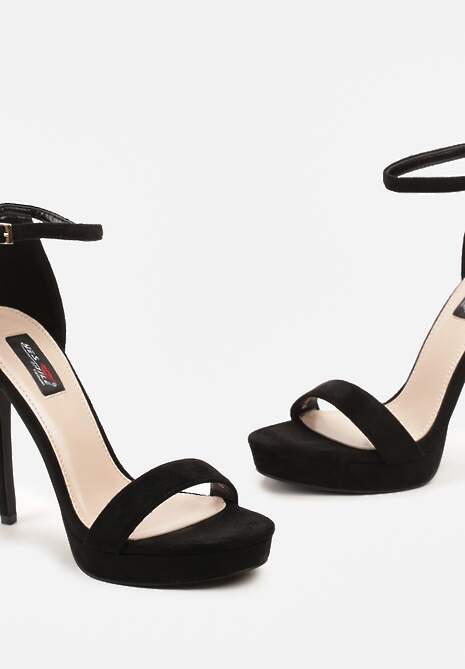 Czarne Sandały z Imitacji Zamszu na Szpilce i Niskiej Platformie z Okrągłym Noskiem Niraela