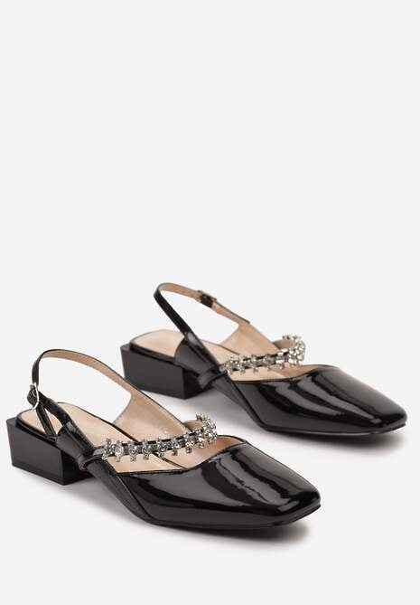 Czarne Czółenka Ozdobione Cyrkoniami ze Sprzączką przy Kostce Locarina