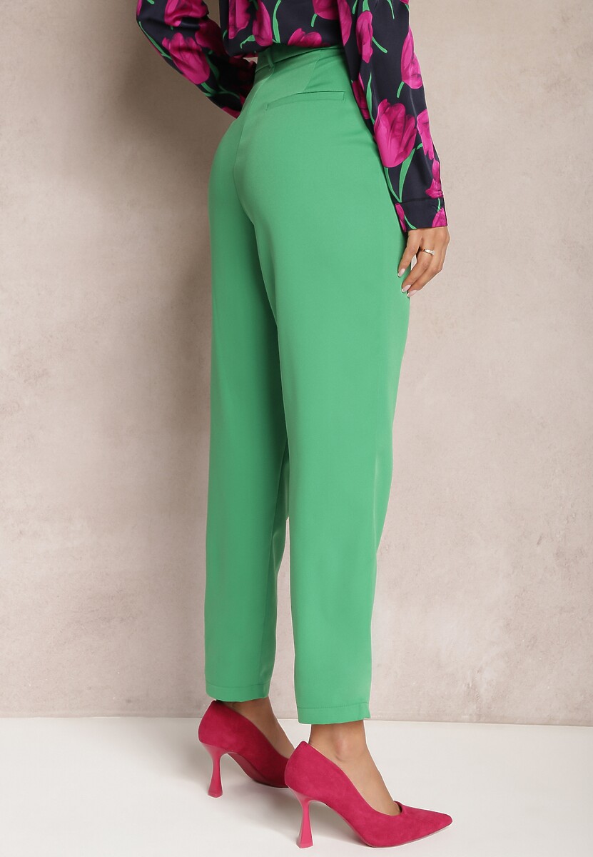 Zielone Spodnie Cygaretki z Wysokim Stanem i Materiałowym Paskiem z Cyrkoniami Marintta