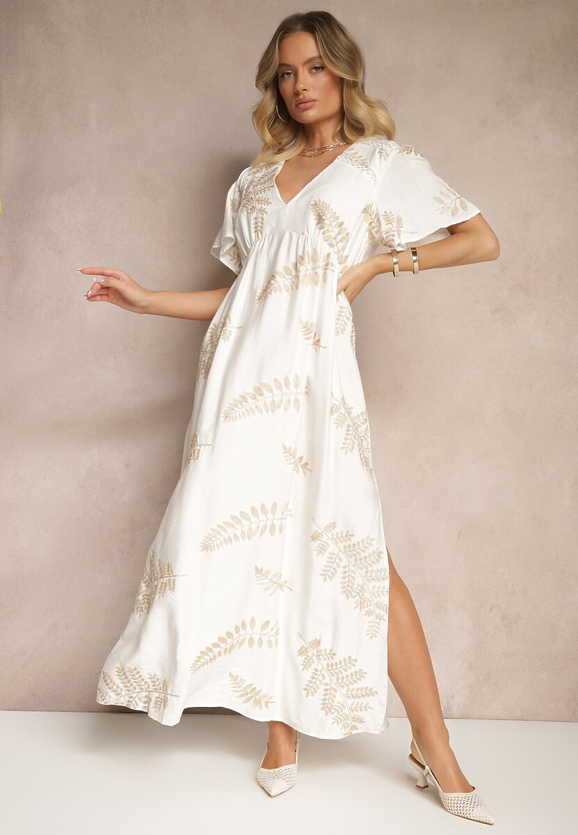 Beżowa Rozkloszowana Sukienka z Wiskozy Ozdobiona Haftowanymi Liśćmi Tirvesa