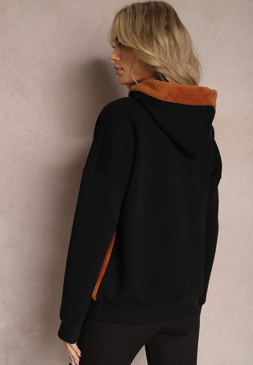 Czarna Bluza z Bawełny z Ozdobną Naszywką z Misiem i Polarowym Kapturem Hecatia