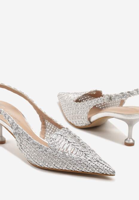 Srebrne Sandały na Szpilce z Geometrycznym Zdobieniem Typu Slingback Nevonira